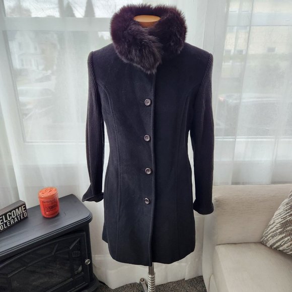 Bella Bicchi Virgin Wool Coat Trench Jacket Sz 8 w/saga fox collar womens Y3 - Picture 1 of 4